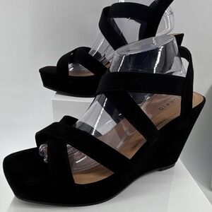 Torrid Women 12 WW Black Elastic Strappy Slip On Velvet Wedge Heel Sandals Wide